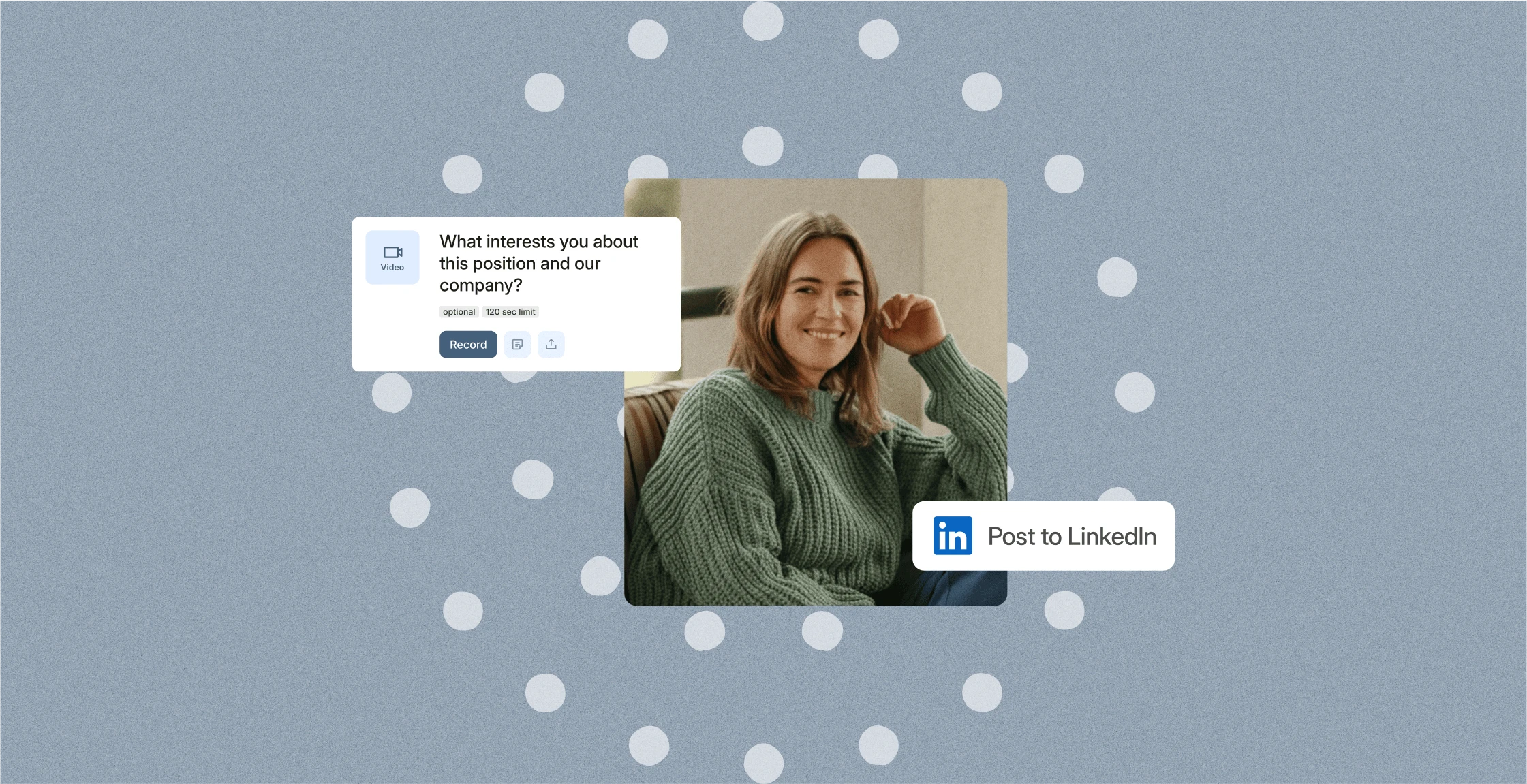A smiling woman in a green sweater with a Vouch question prompt and a Post to LinkedIn button
