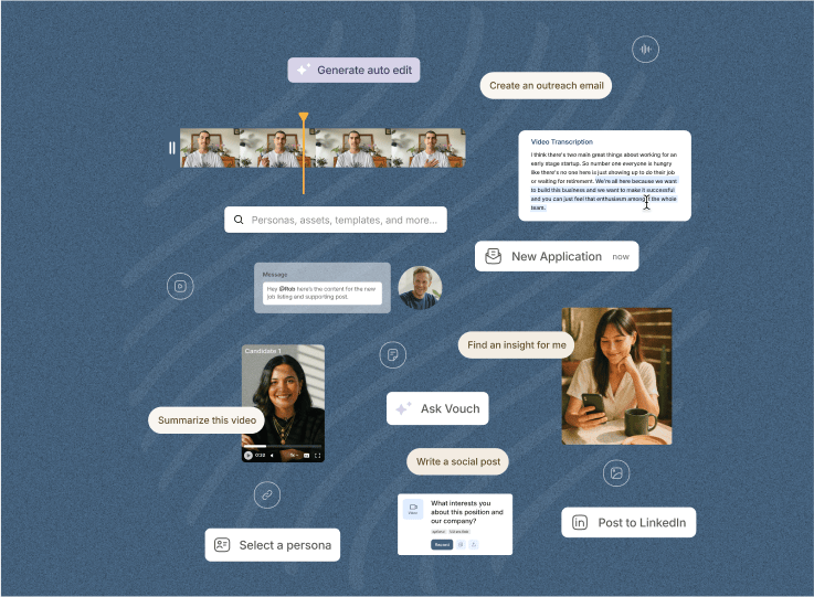 Vouch features map on blue: auto edit, video transcript, Ask Vouch, write a social post and post to LinkedIn