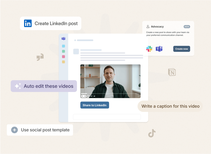 Vouch creating a LinkedIn post from a man's video, with auto edit, caption and advocacy sharing options