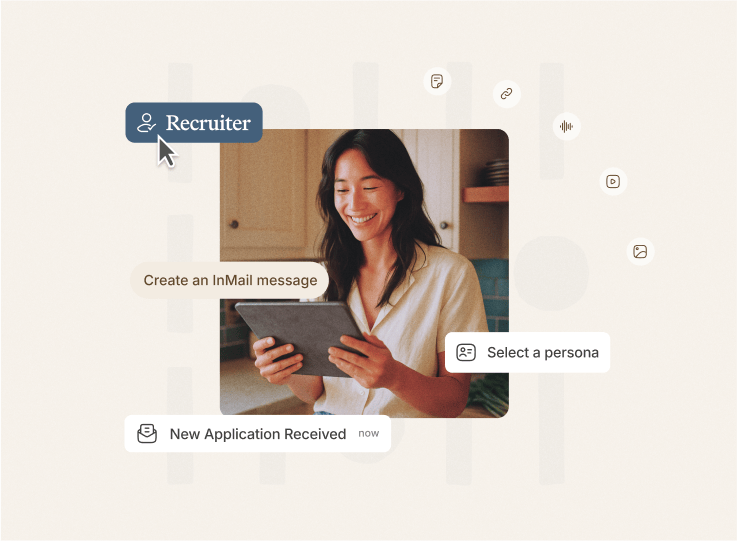 A woman smiling at a tablet surrounded by Vouch prompts: Recruiter, Create an InMail message and Select a persona