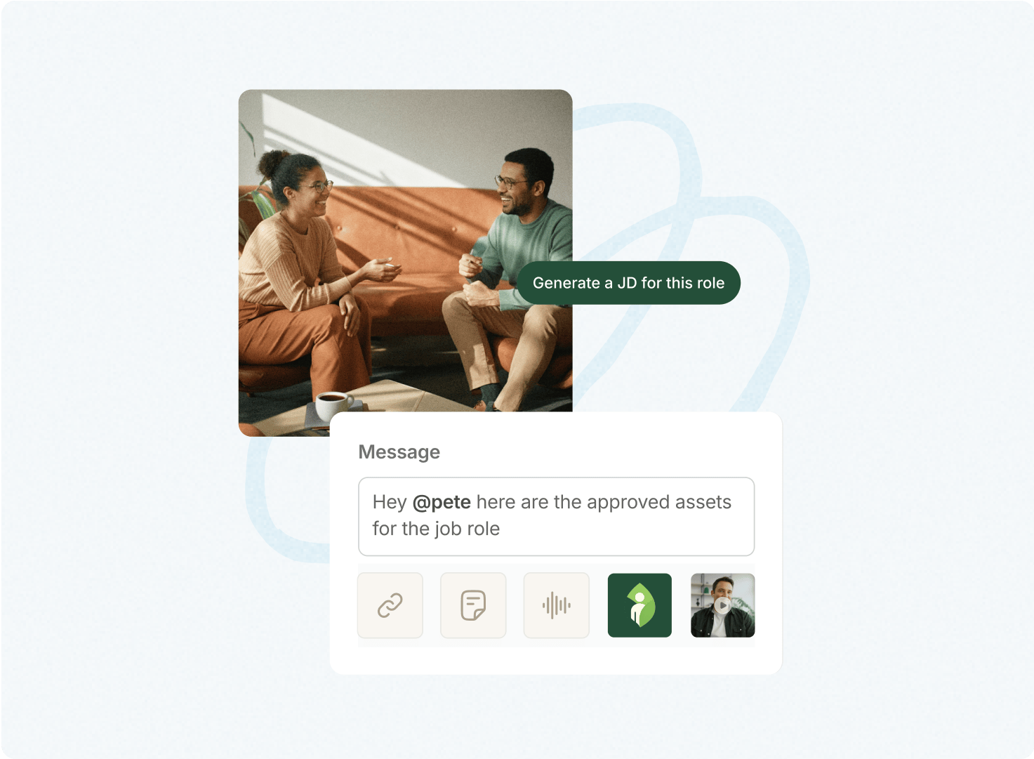 Two colleagues talking on a sofa with a Vouch message sharing approved assets and a Generate a JD prompt