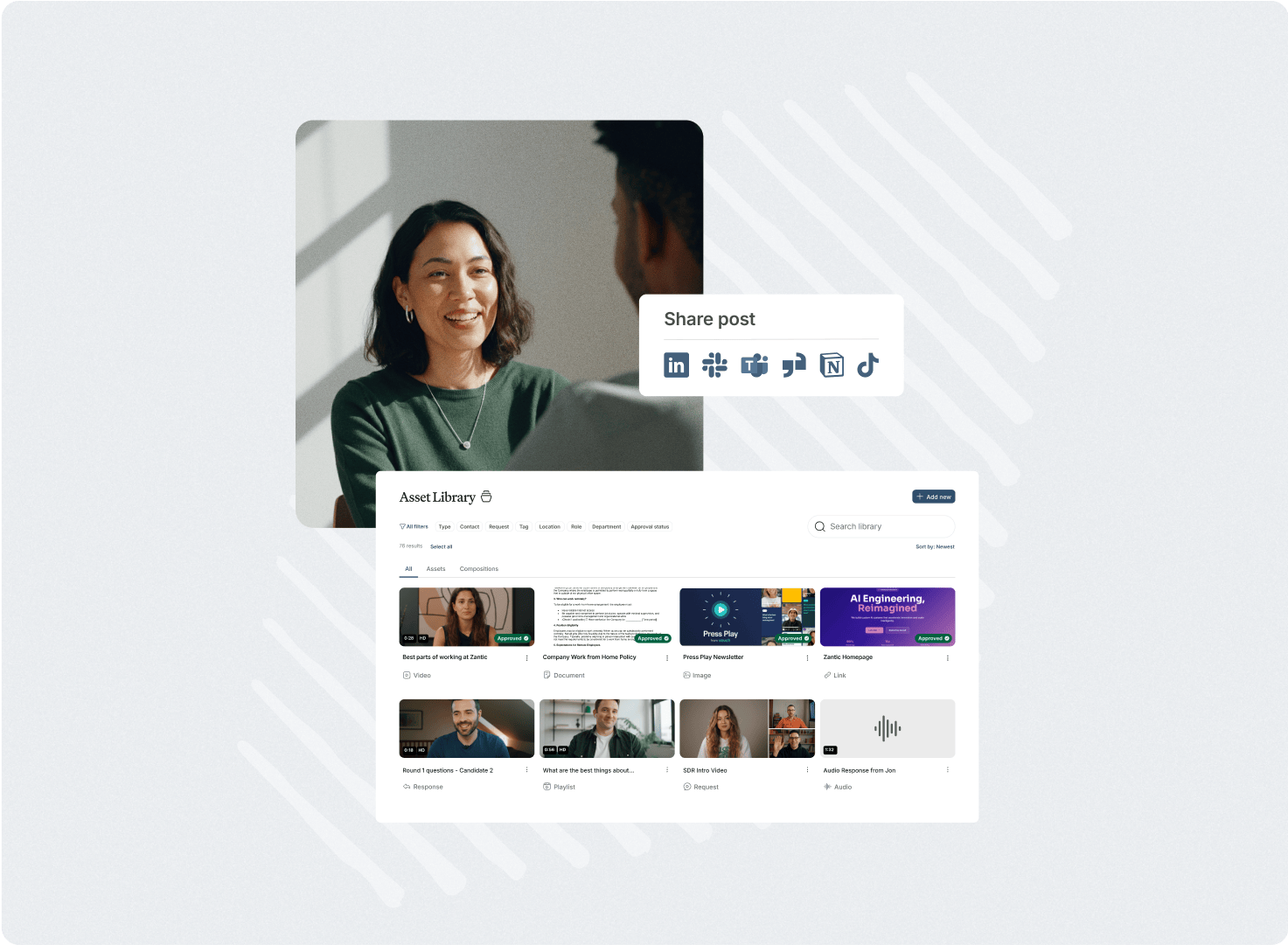 A smiling woman beside the Vouch asset library and a share post menu for social channels