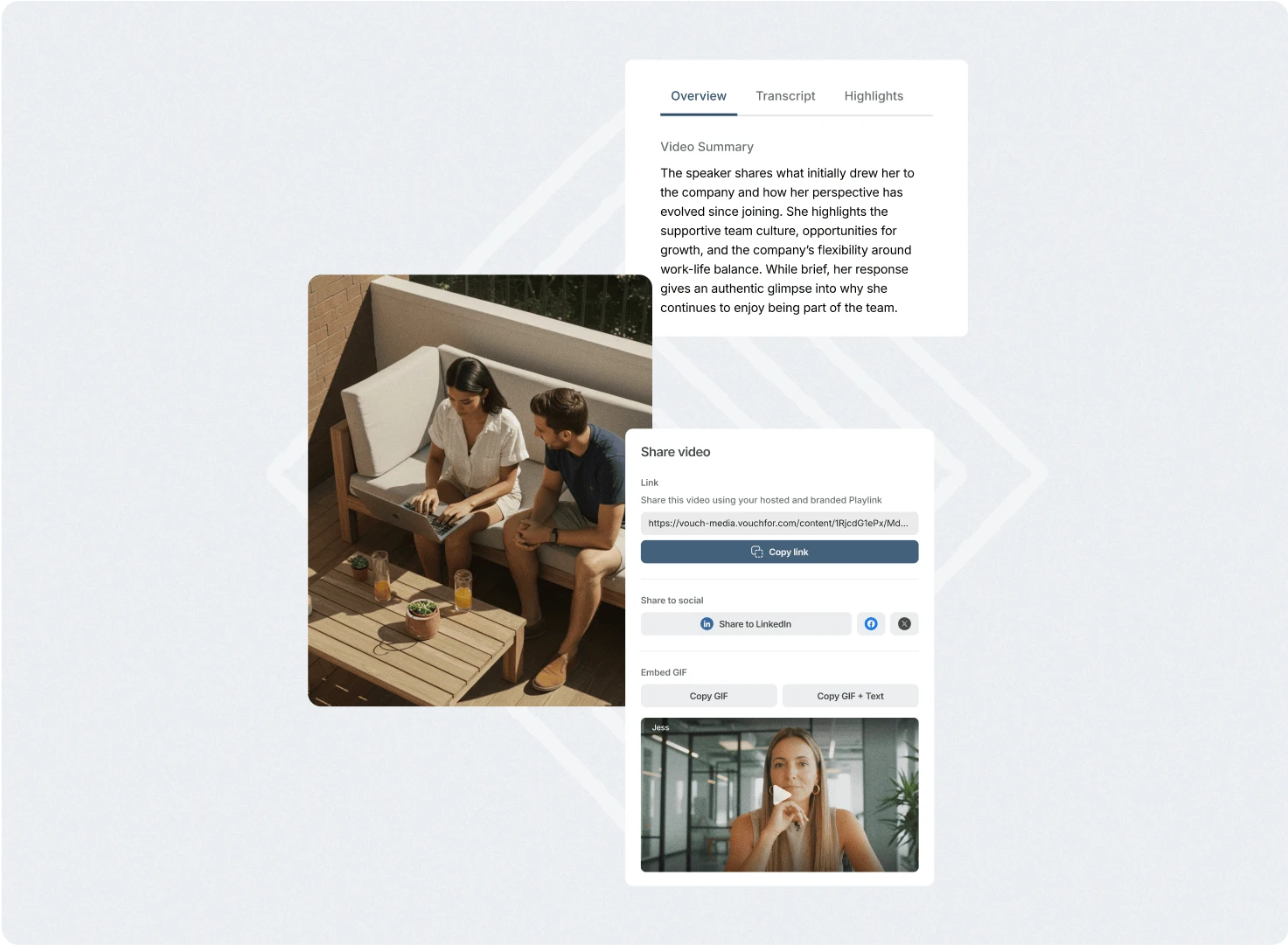 Vouch video summary and share options beside clips of colleagues talking on a terrace