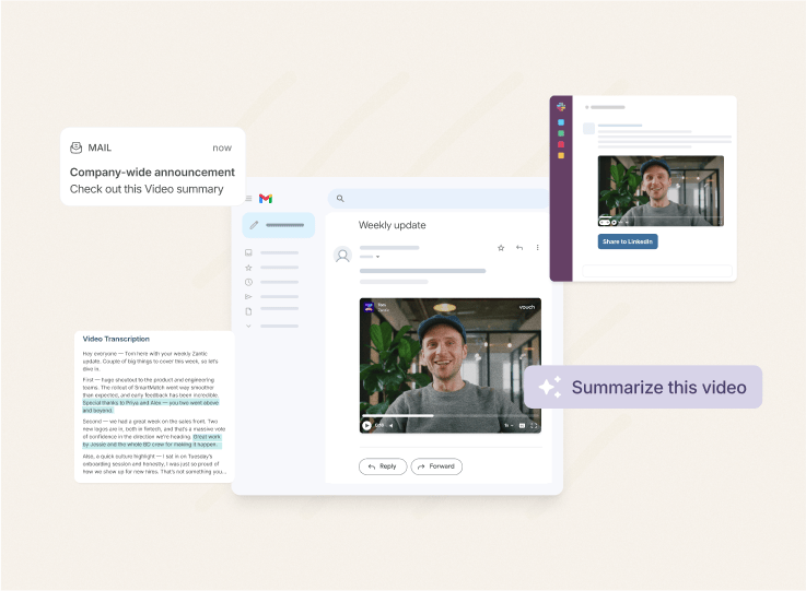 Vouch video summary shared in an email and Slack-style weekly update, with a Summarize this video prompt