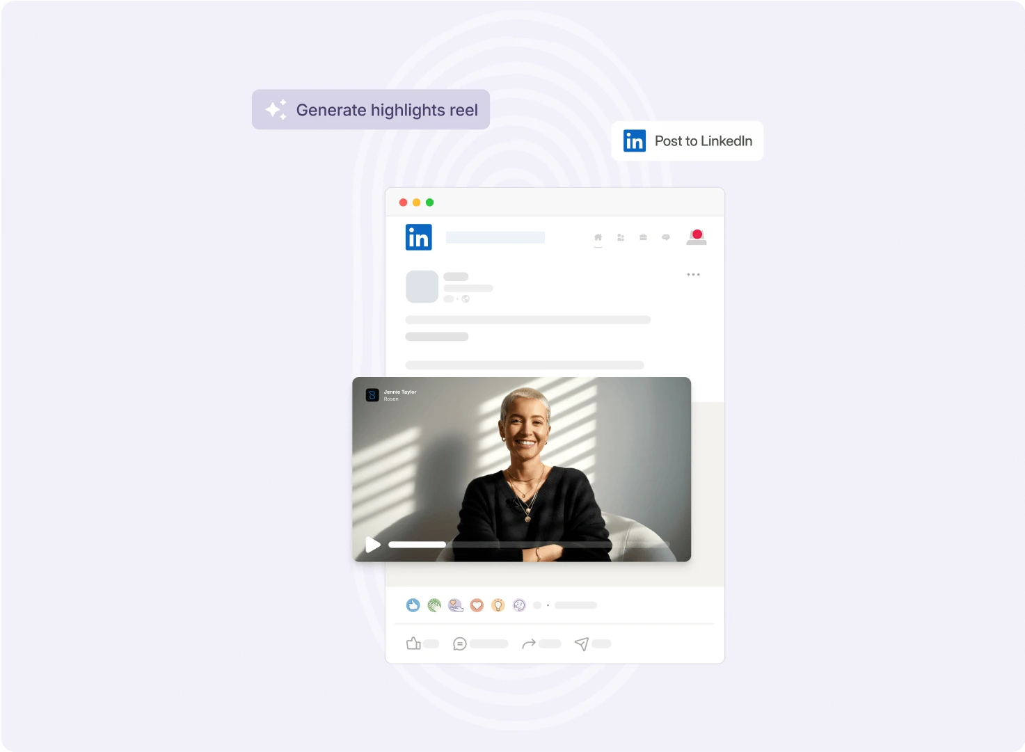 Vouch generating a highlights reel of a woman's video and posting it to LinkedIn