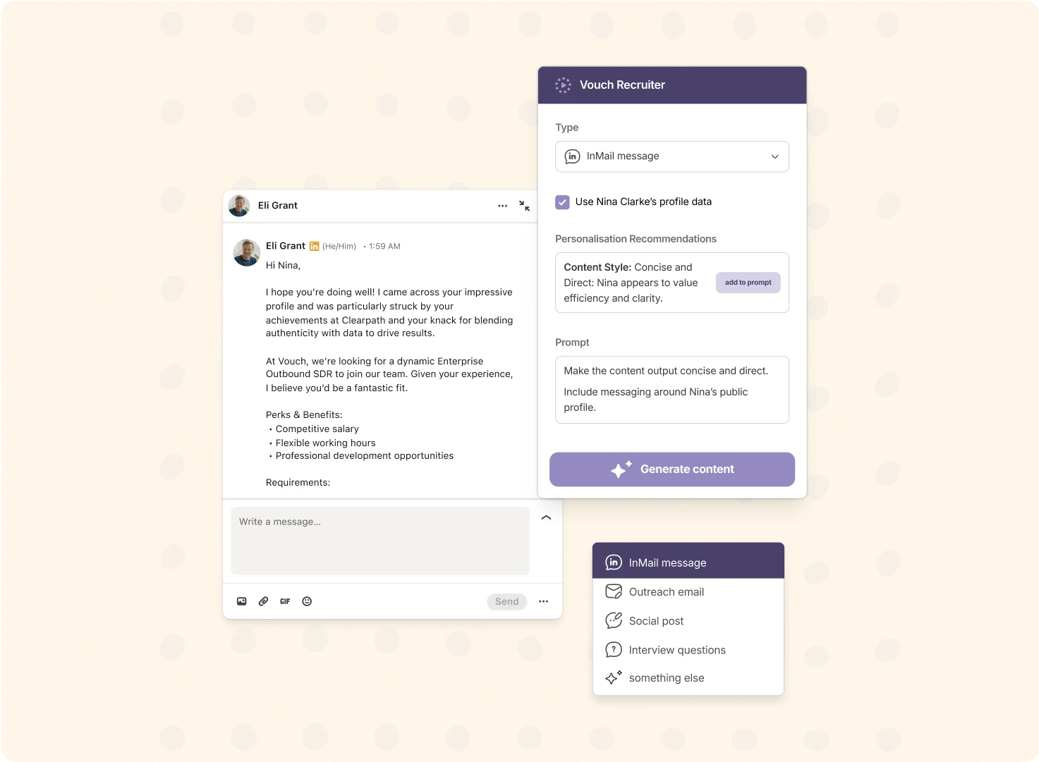 Vouch Recruiter generating a personalized LinkedIn InMail message, with options for outreach email, social post and interview questions