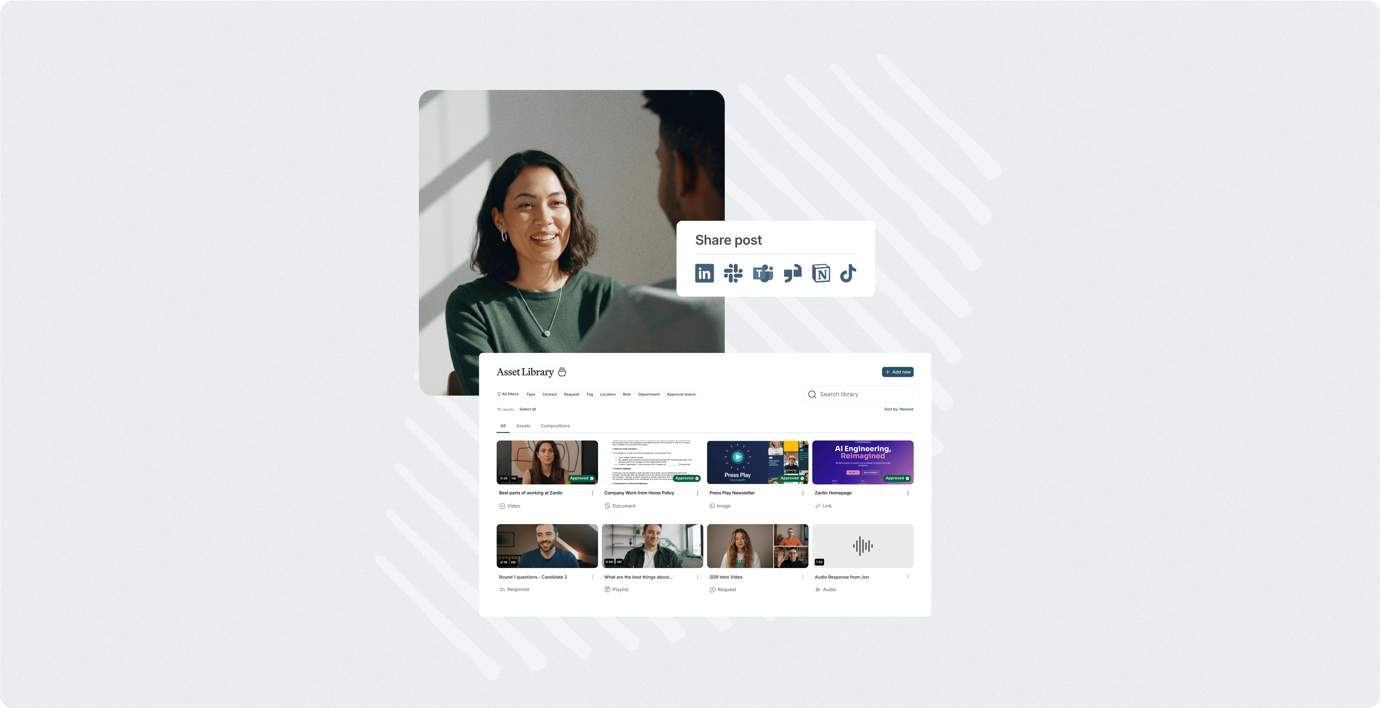 A smiling woman beside the Vouch asset library and a share post menu for social channels