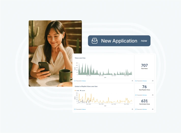 A woman looking at her phone beside a New Application notification and Vouch video analytics charts