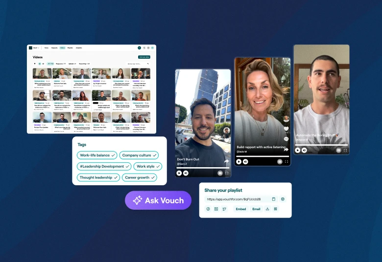 Vouch video library with tags, vertical employee videos, an Ask Vouch button and a 'Share your playlist' panel