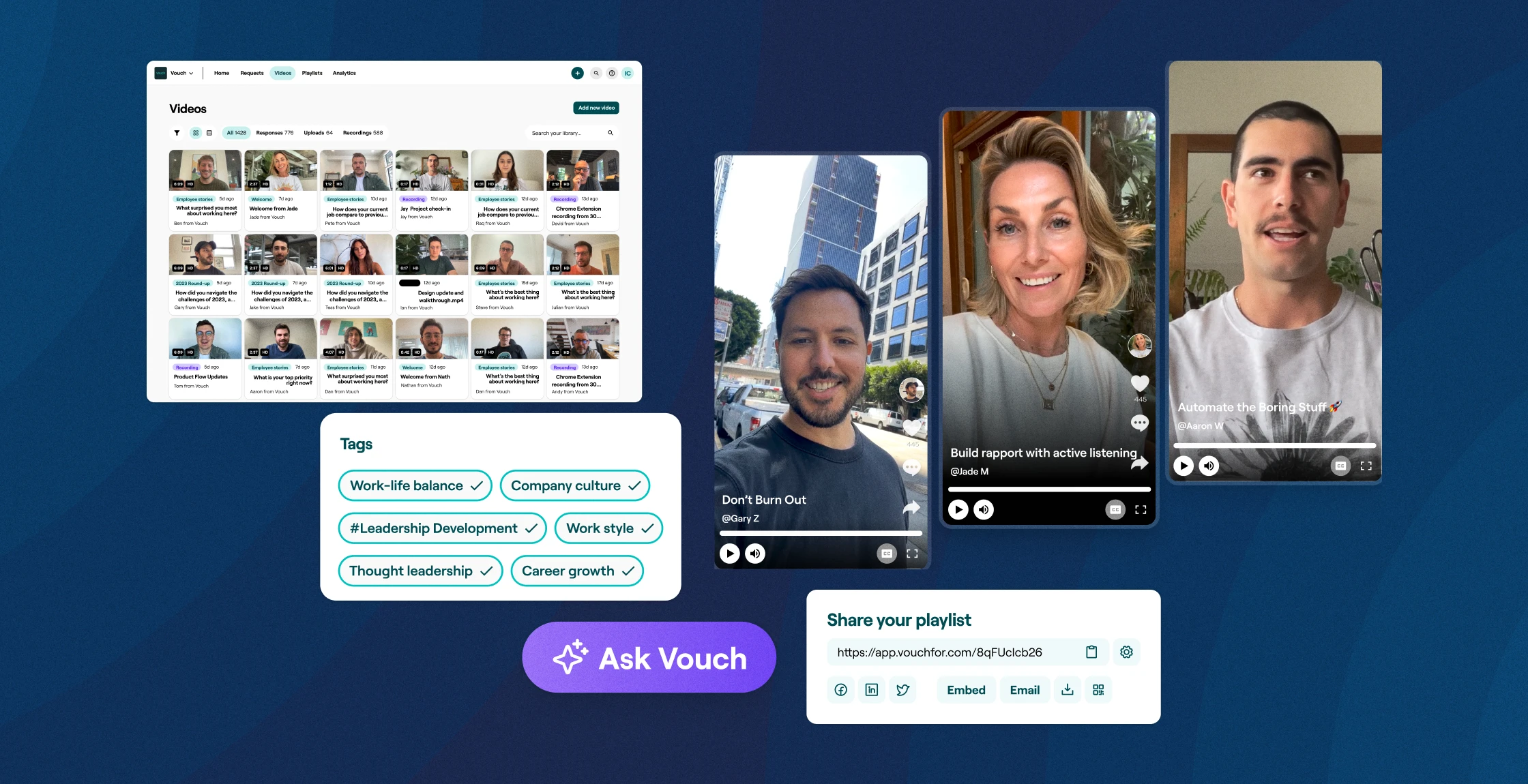 Vouch video library with tags, vertical employee videos, an Ask Vouch button and a 'Share your playlist' panel
