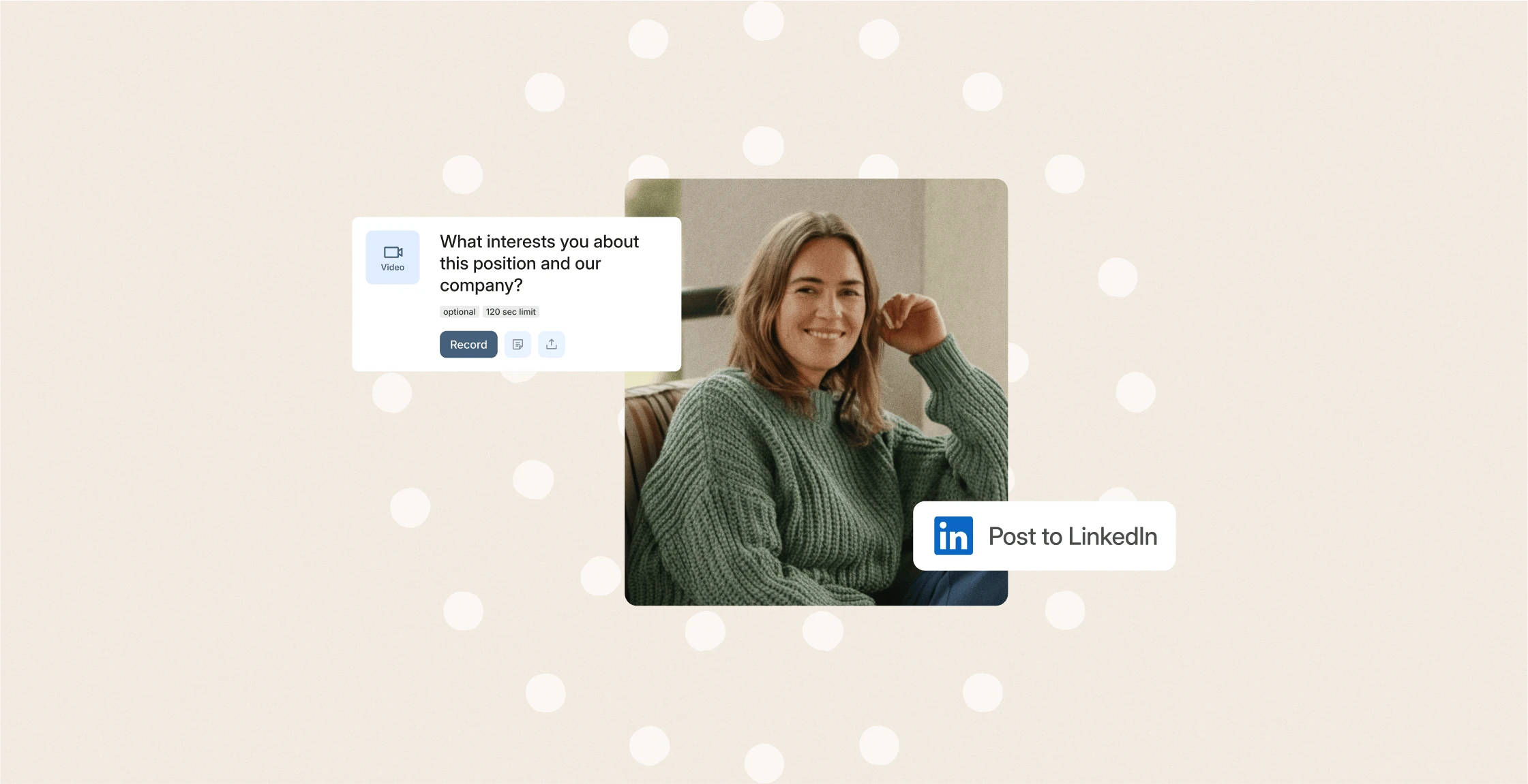 Smiling woman in a green jumper beside a Vouch question card and a 'Post to LinkedIn' button