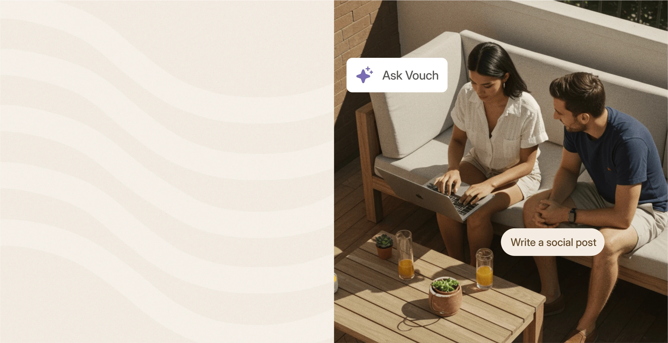 Two people working on a laptop on a sofa with Vouch 'Ask Vouch' and 'Write a social post' prompts