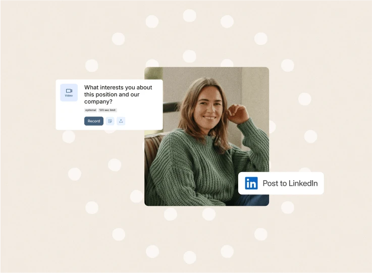 Smiling woman in a green jumper beside a Vouch question card and a 'Post to LinkedIn' button