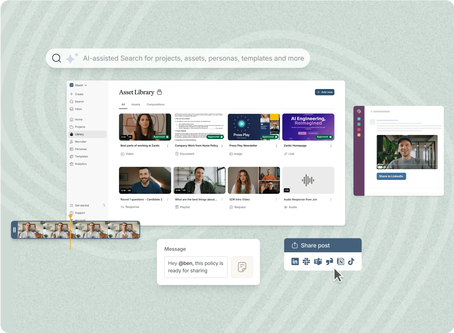 Vouch asset library with AI-assisted search, a video timeline and a share post menu for social channels