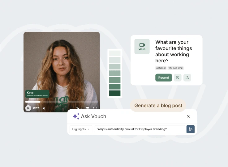 Vouch recorder with Kate answering what she loves about working here, plus Ask Vouch prompts