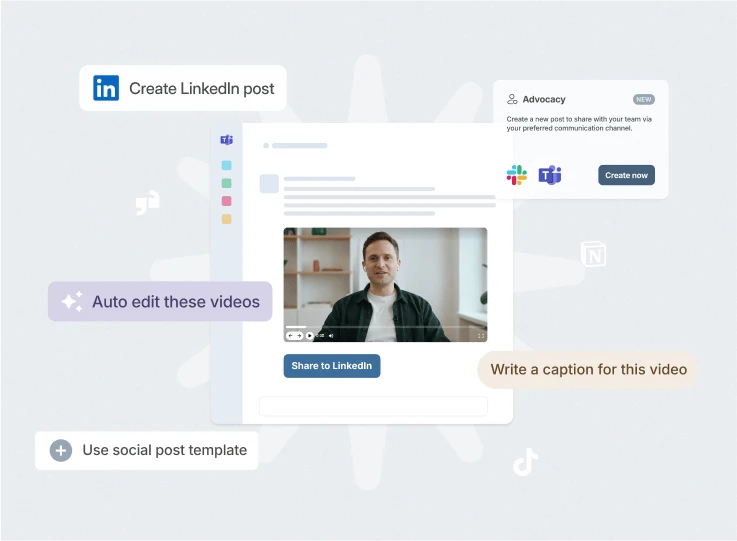 Vouch advocacy tool creating a LinkedIn post from an employee video, with auto-edit and caption prompts