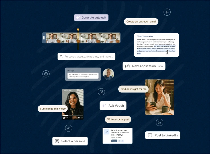 Map of Vouch AI features including auto edit, transcription, Ask Vouch and LinkedIn posting on navy