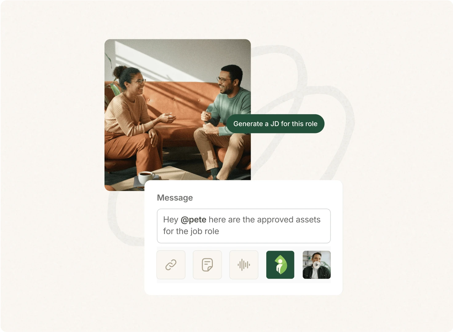 Two colleagues talking on a sofa with a Vouch 'Generate a JD for this role' prompt and message to share assets