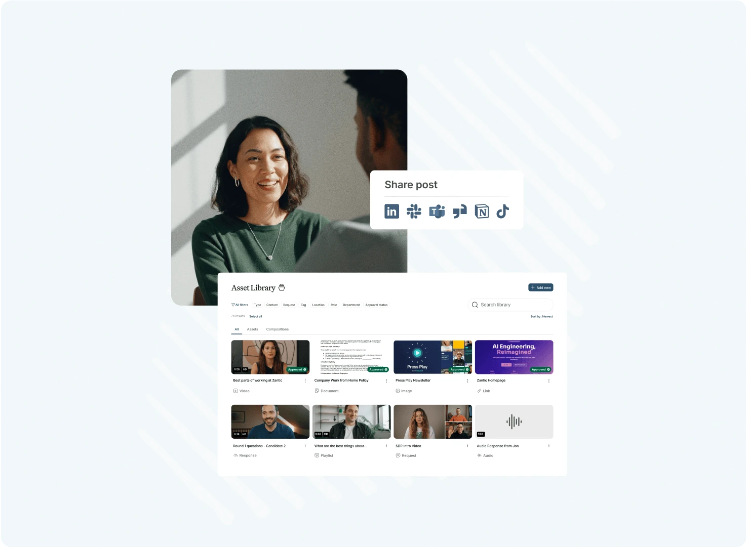 A smiling woman beside the Vouch asset library and a share post menu for social channels