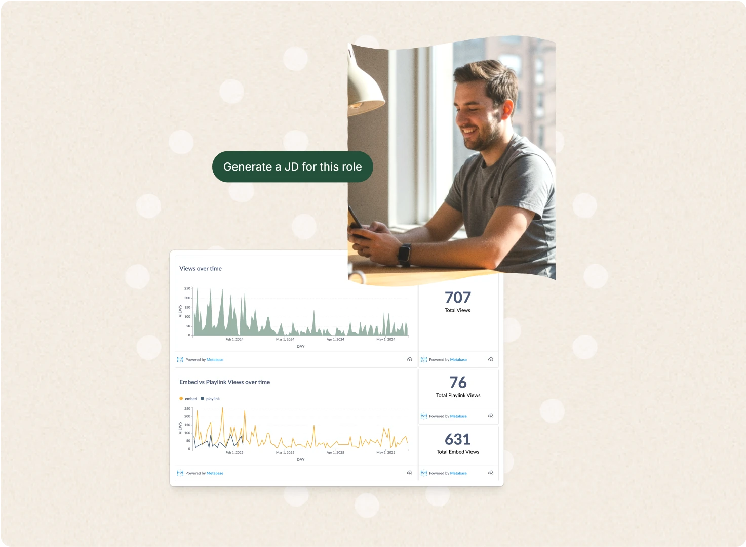 A man smiling at his laptop beside Vouch video analytics charts and a Generate a JD for this role prompt