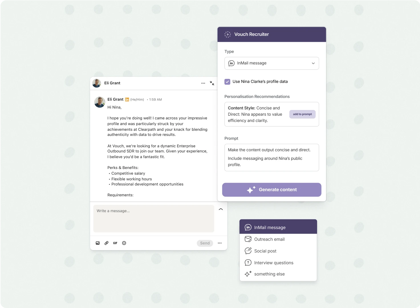 Vouch Recruiter generating a personalised InMail message for a candidate from their profile data