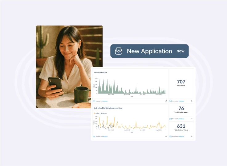Woman smiling at her phone with a 'New Application' notification and video analytics charts