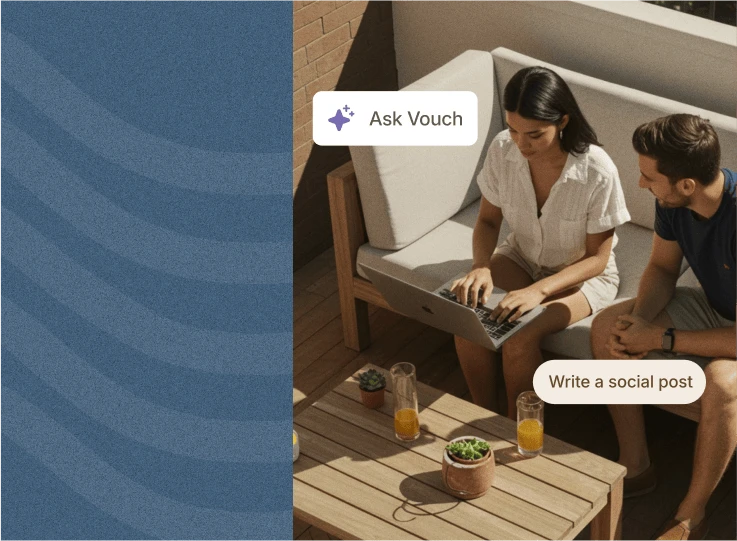 Two colleagues working on a laptop on a patio with Vouch AI prompts for Ask Vouch and Write a social post