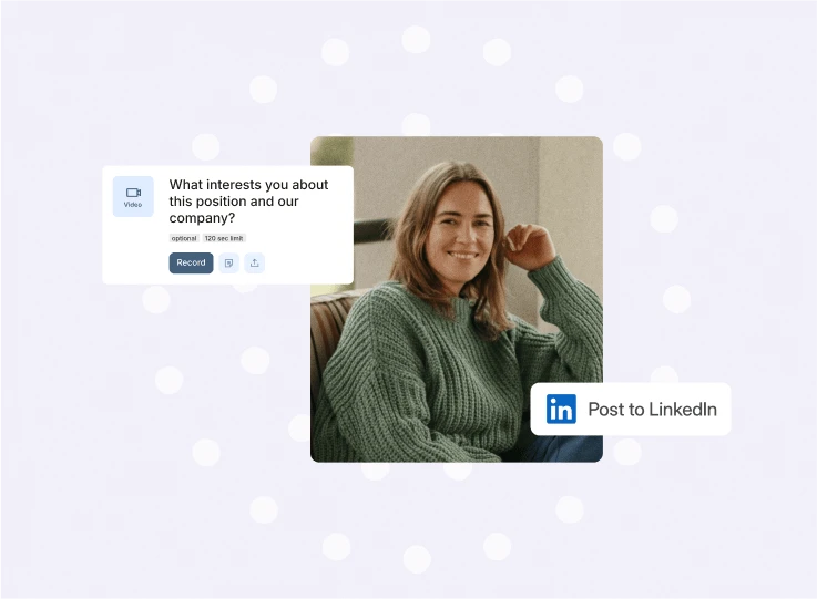 Woman in a green jumper beside a Vouch question card and a Post to LinkedIn button