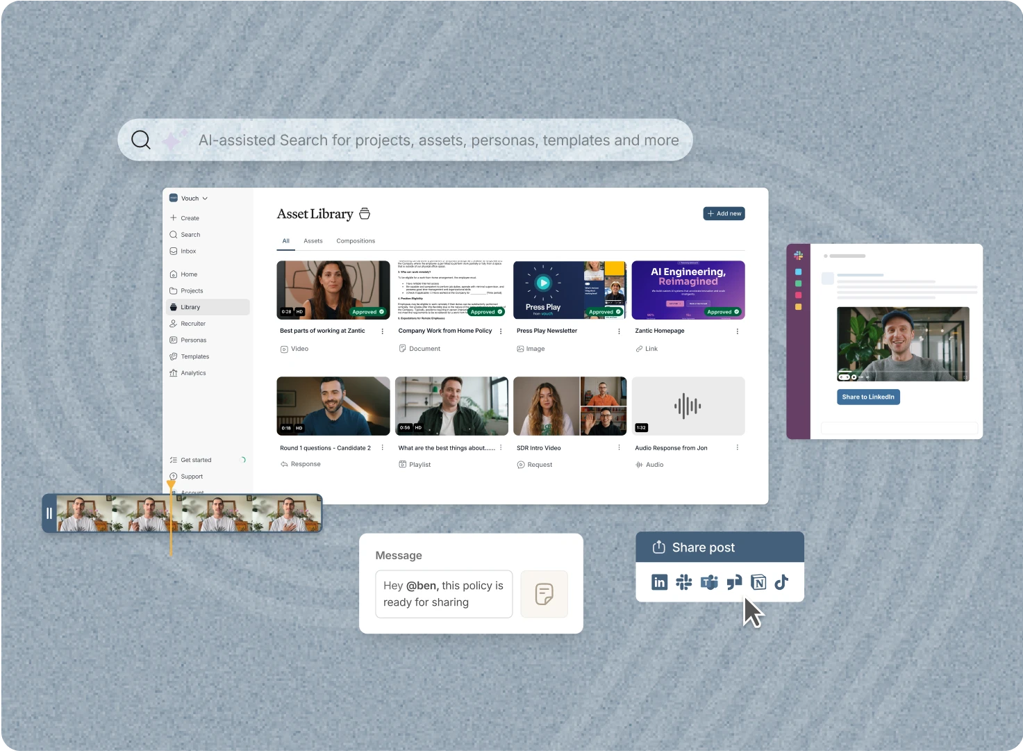 Vouch asset library with AI-assisted search, a video timeline and a share post menu for social channels