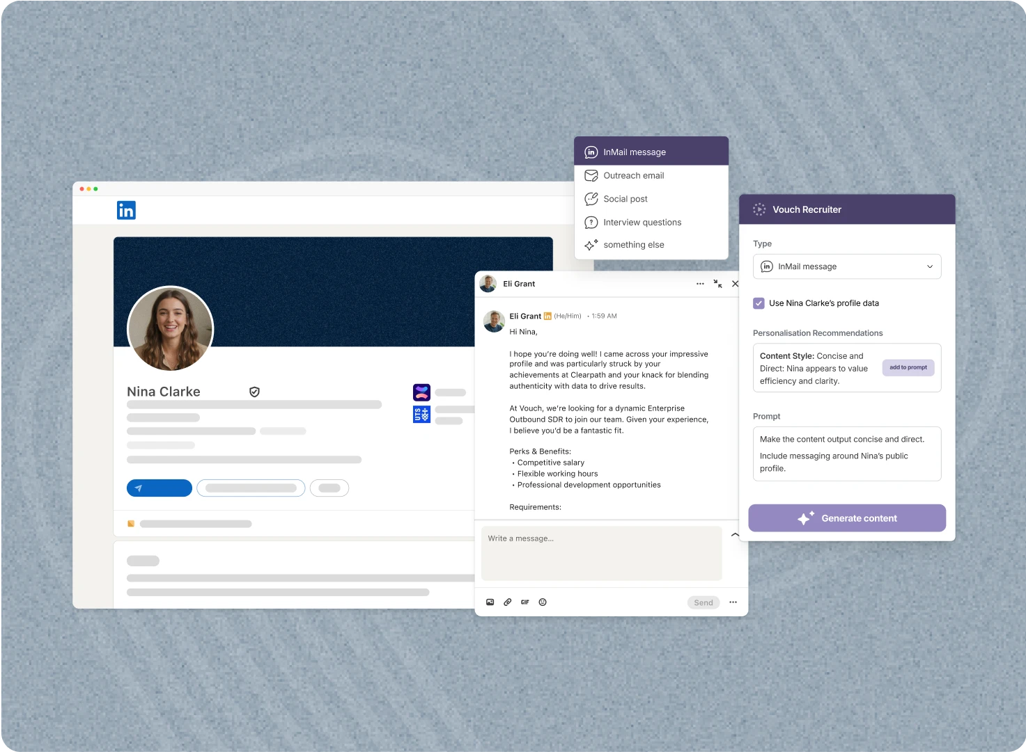 Vouch Recruiter generating a personalised InMail message alongside a candidate's LinkedIn profile