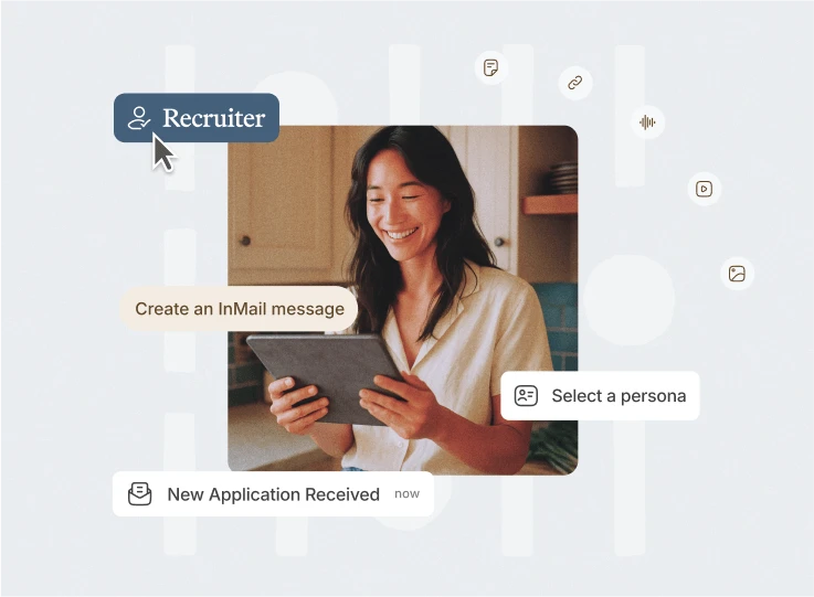 Vouch Recruiter interface over a smiling woman using a tablet, with InMail and persona prompts
