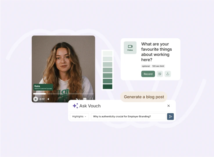 Vouch recorder with a woman's video, the question What are your favourite things about working here? and Ask Vouch