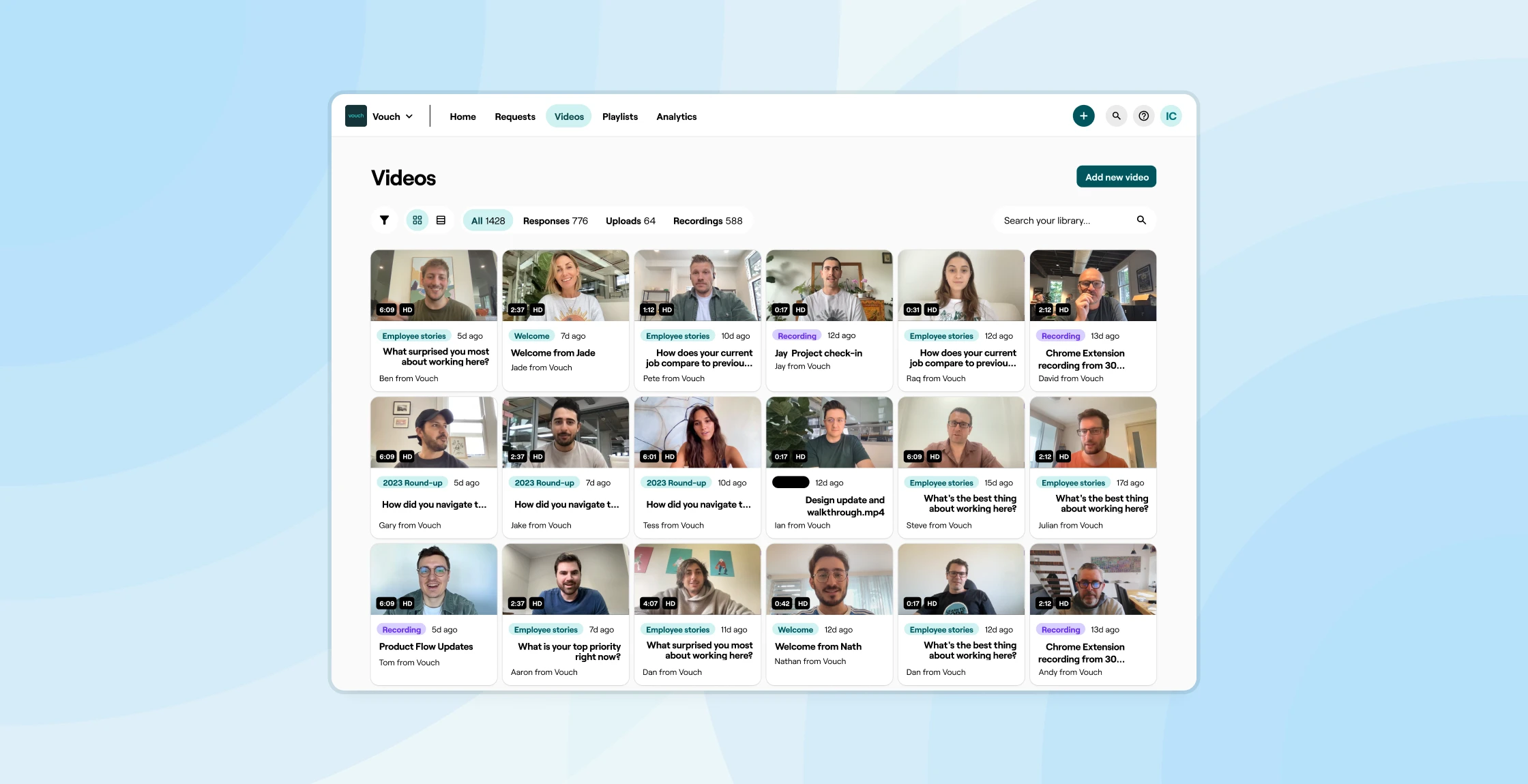 Vouch video library showing a grid of tagged employee videos
