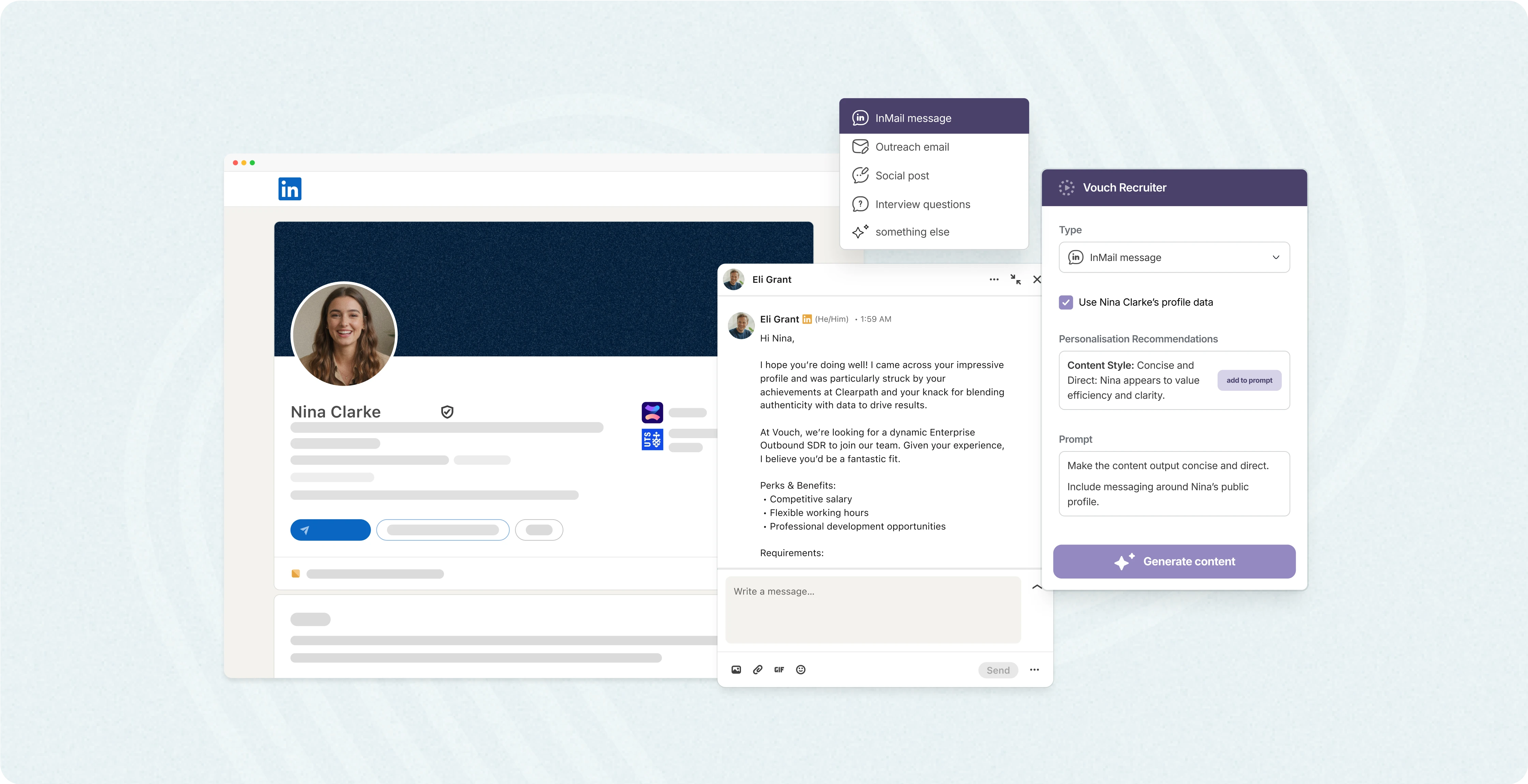 Vouch Recruiter drafting a personalised message from a candidate's LinkedIn profile