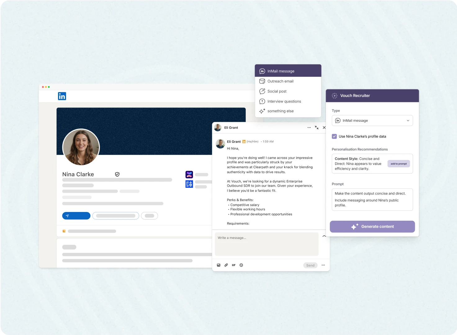 Vouch Recruiter drafting a personalised message from a candidate's LinkedIn profile