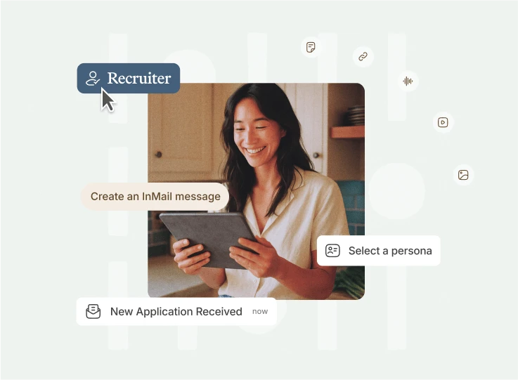 Vouch Recruiter interface over a smiling woman using a tablet, with InMail and persona prompts