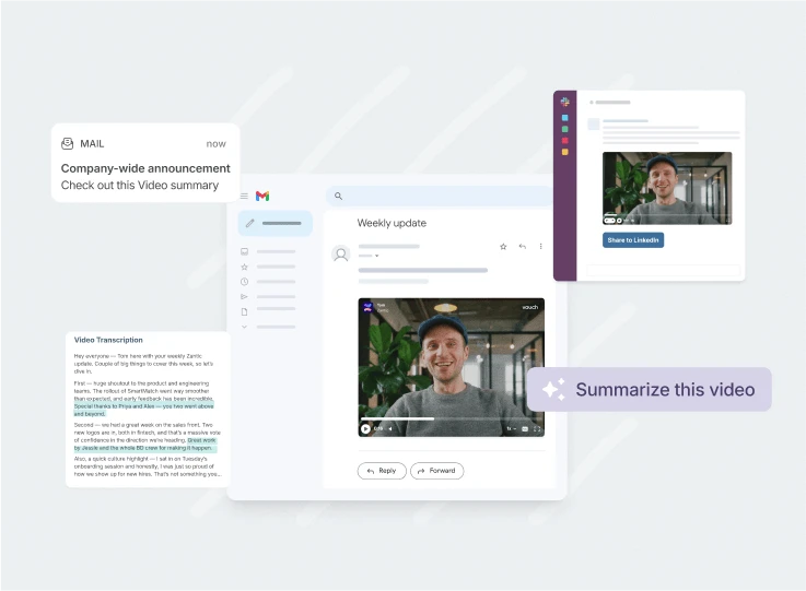 Vouch video summary shared in an email and Slack-style weekly update, with a Summarize this video prompt