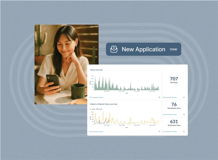 Woman smiling at her phone beside a 'New Application' notification and Vouch video view analytics