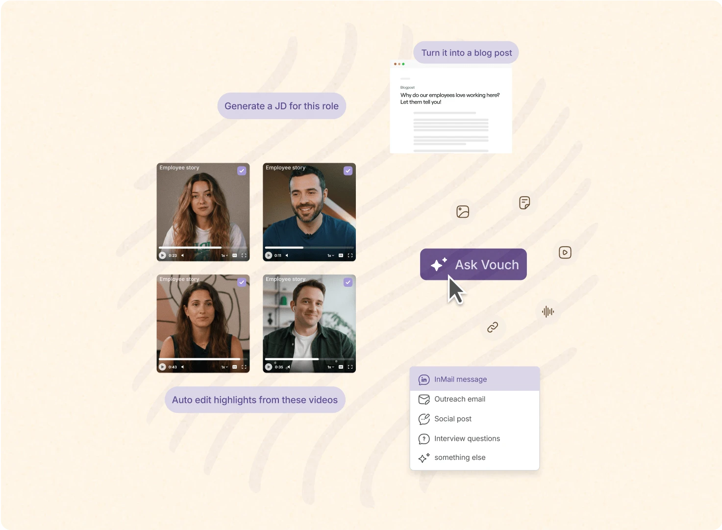 Vouch AI workspace with employee story videos, an Ask Vouch button and content generation options