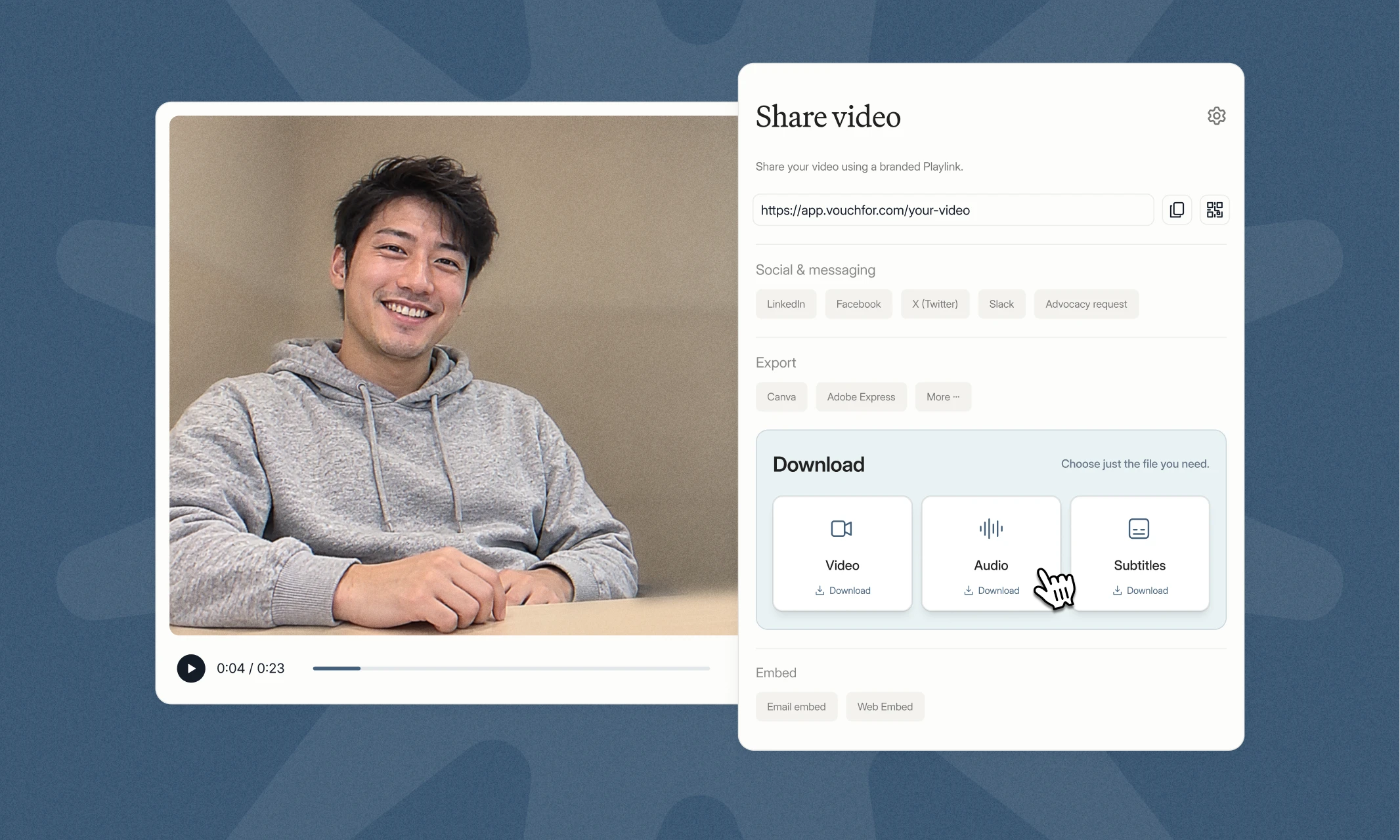 Vouch share panel with download options for video, audio and subtitles beside a man's video