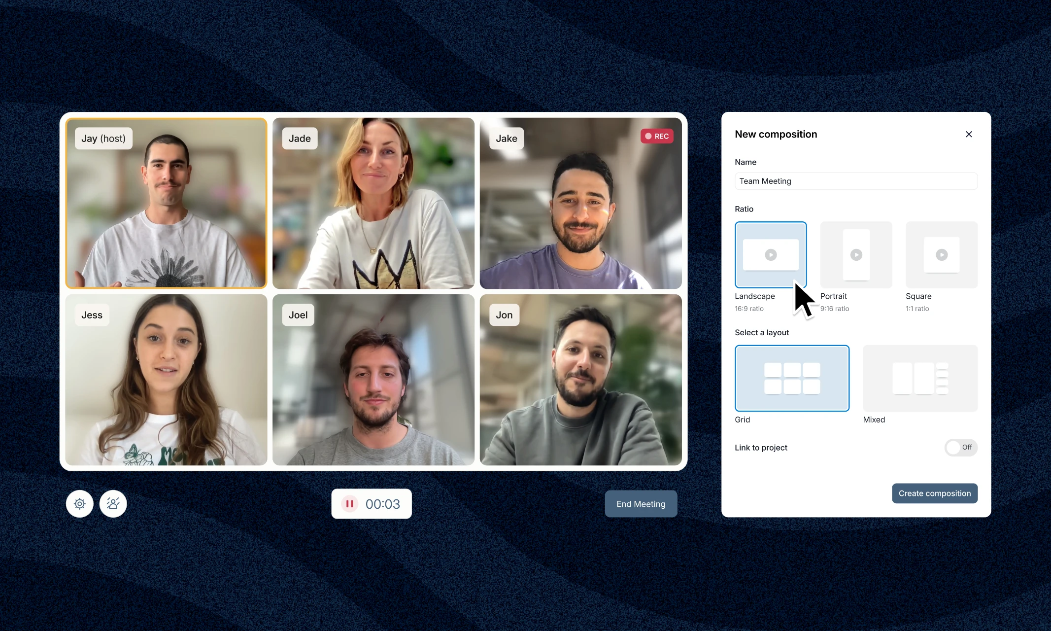 Vouch Sync call with six participants in a grid and a new composition panel with layout options