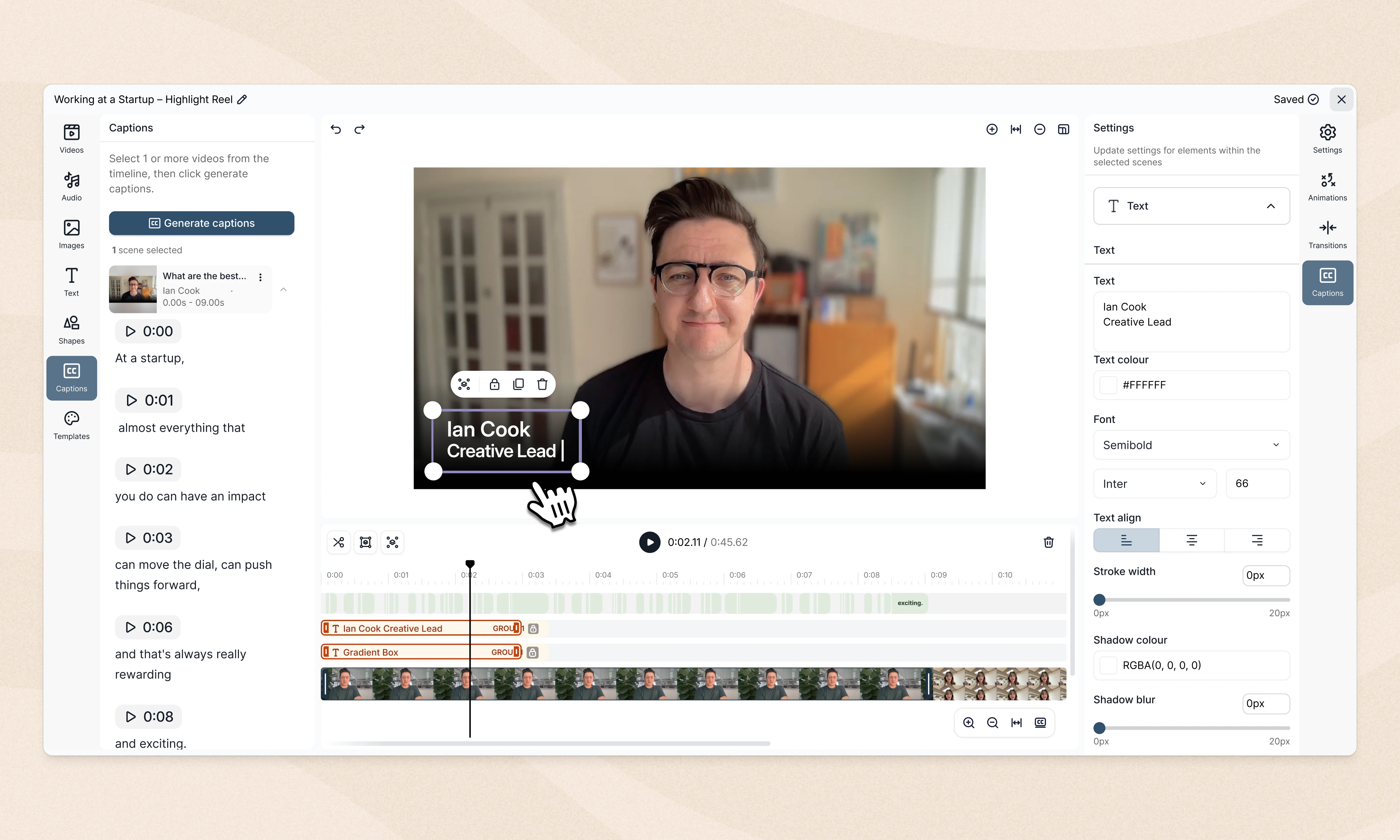 Vouch editor adding a name caption to a man's video on the editing timeline