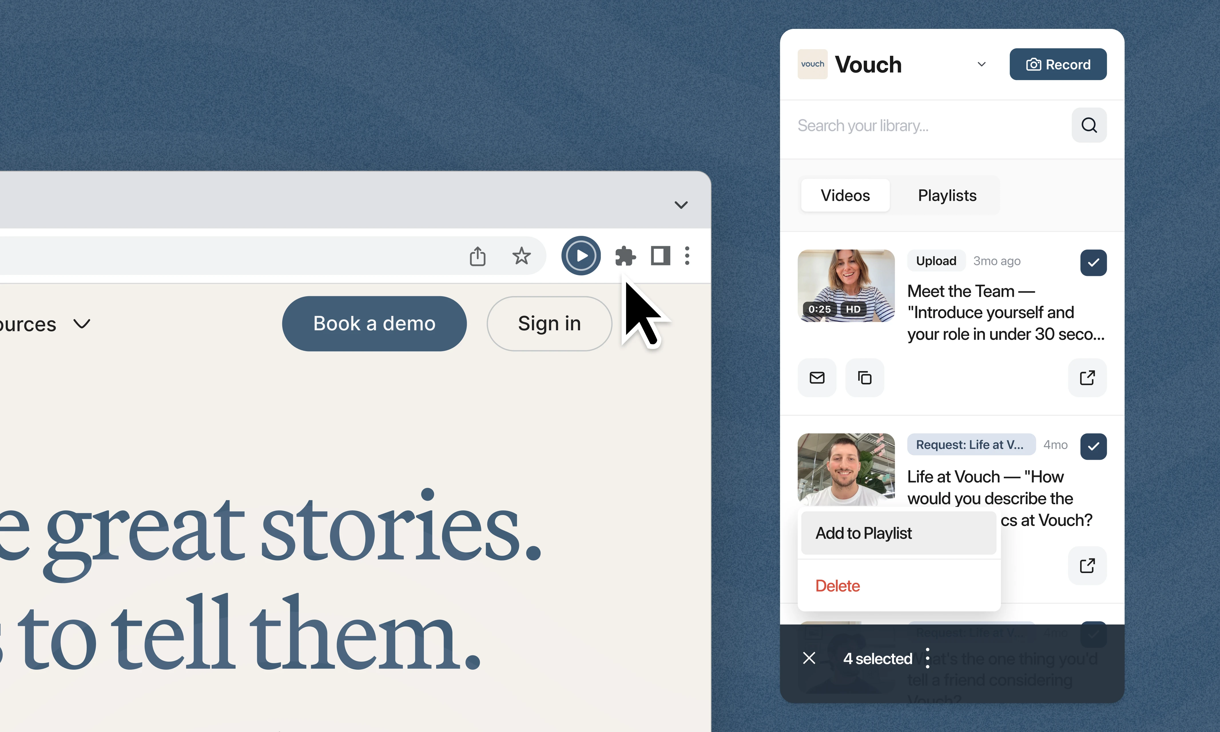 Vouch browser extension open beside a website, showing library videos and playlists