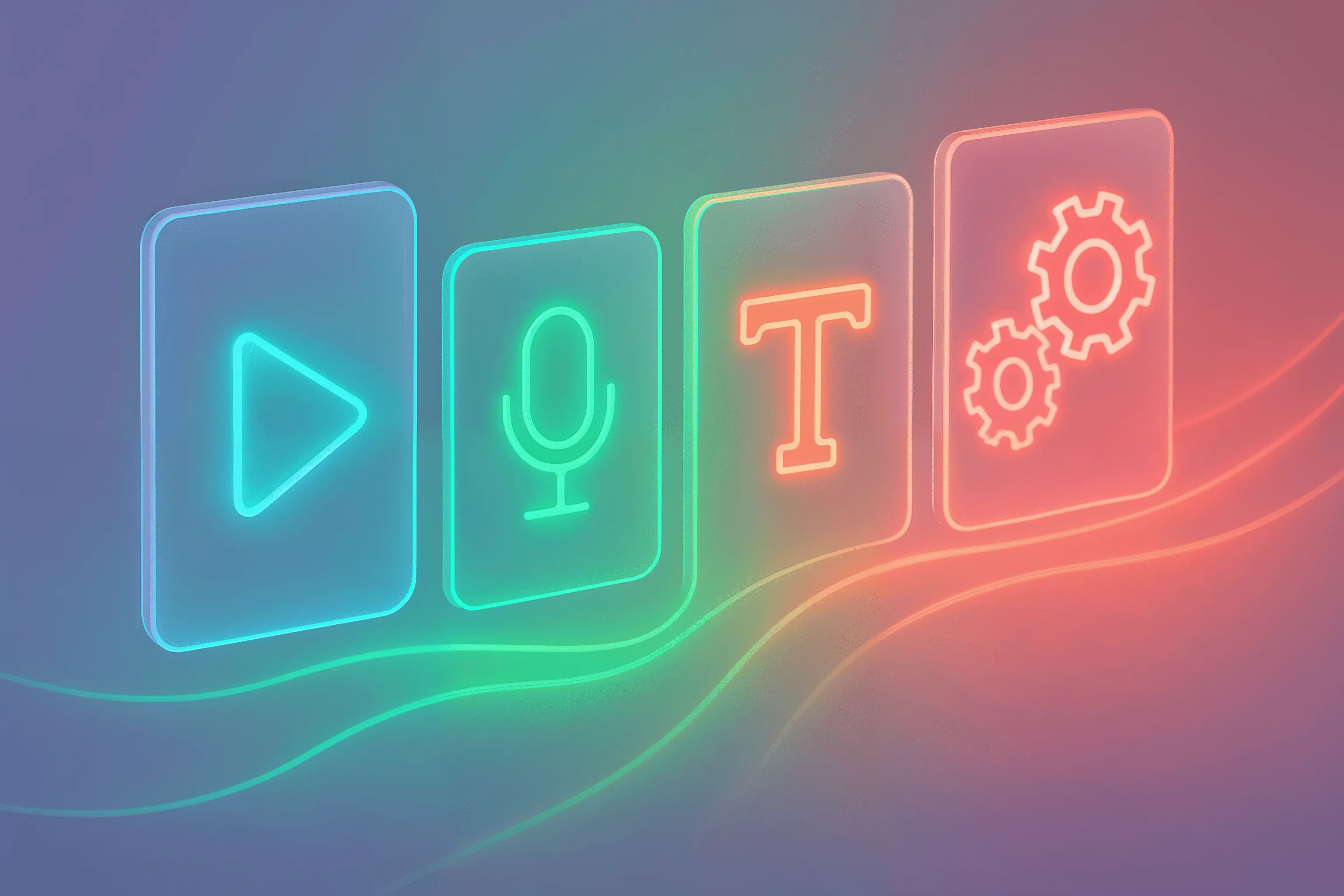 Neon glowing icons of a play button, microphone, text symbol, and gears on a gradient background.