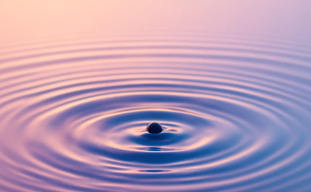 Close-up of a single water droplet creating ripples on a calm water surface with soft pink and purple lighting.