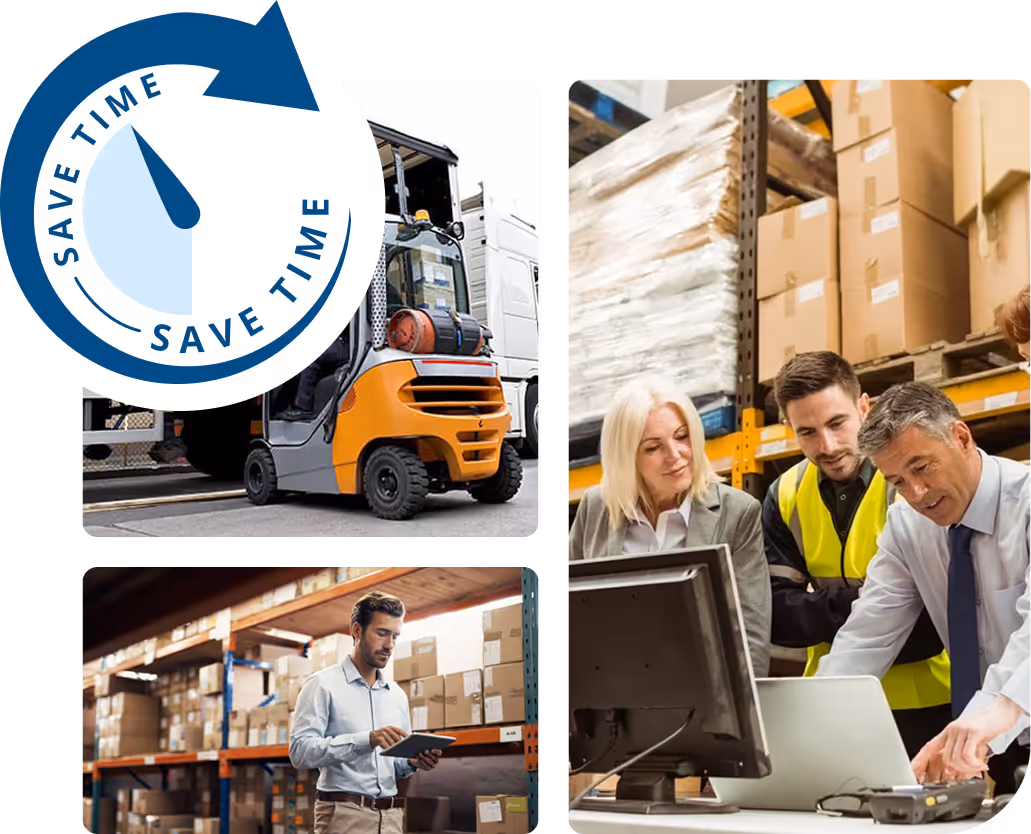 Collage of warehouse operations showing forklift loading, inventory check, and team reviewing logistics data, with a 'Save Time' graphic overlay