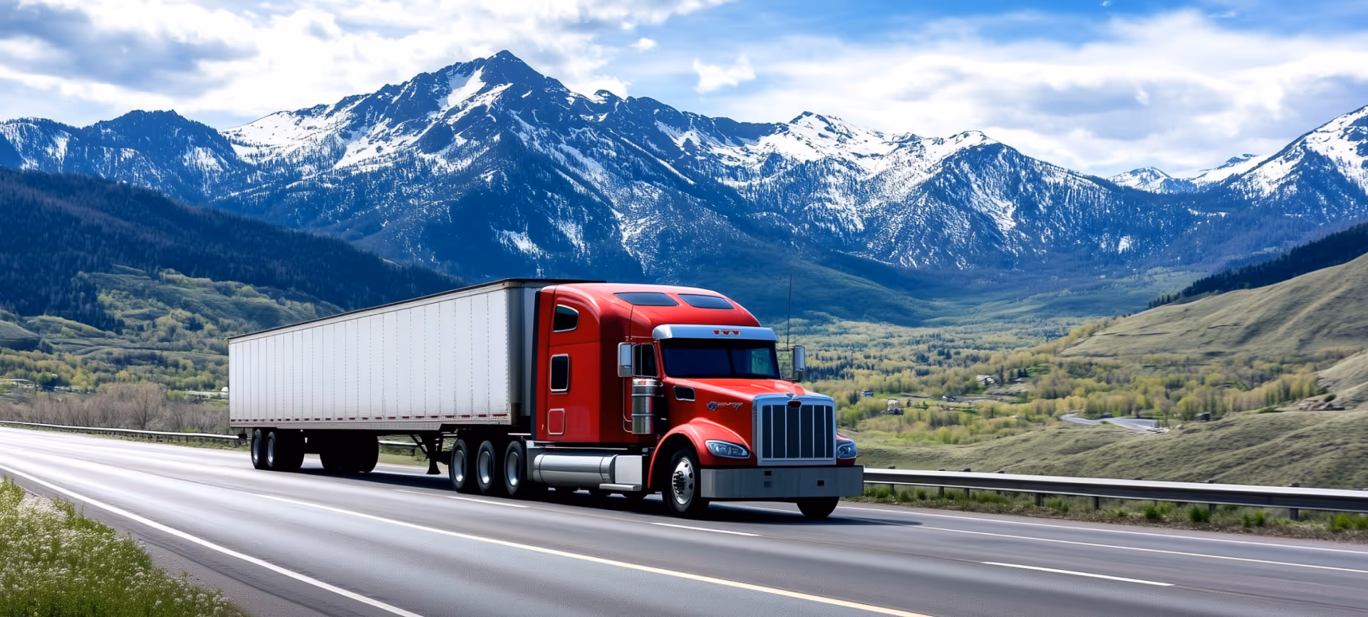 Red semi-truck driving on a scenic highway with snow-capped mountains and green valleys in the background