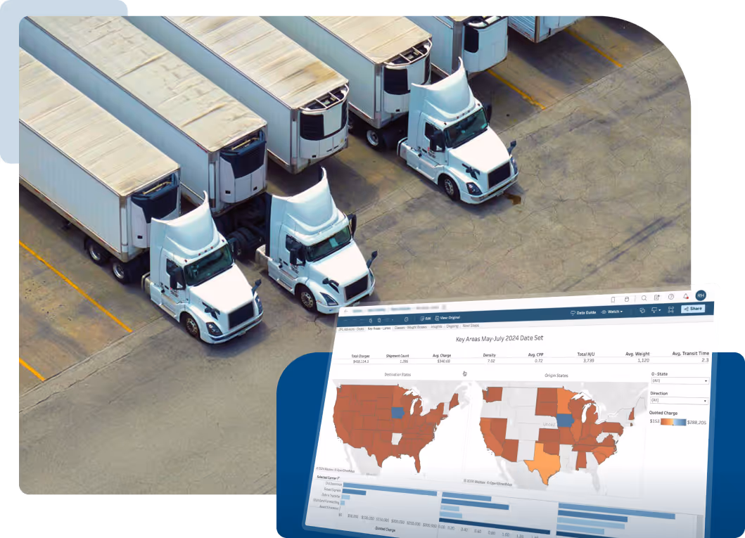Fleet of white semi-trucks parked in a lot with a logistics dashboard overlay showing US freight data and heatmaps