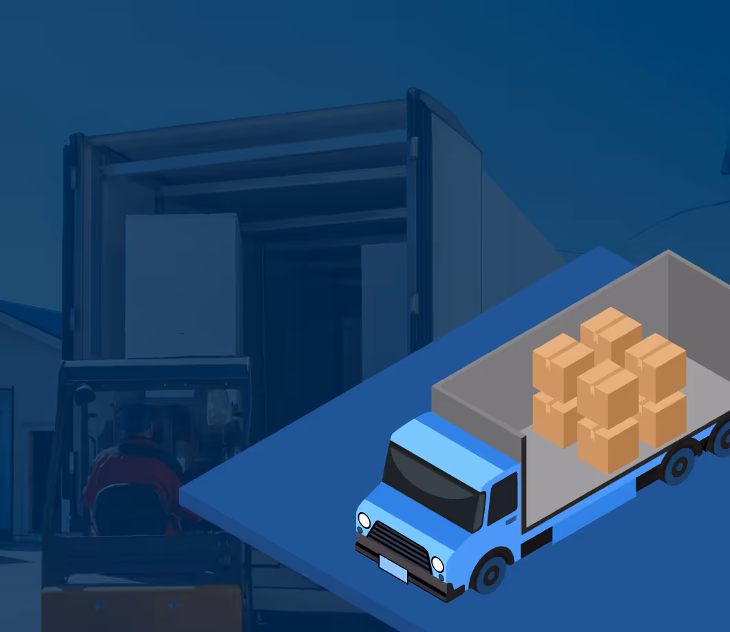 Forklift loading large white blocks into a truck with an overlay illustration of a blue delivery truck filled with brown cargo boxes