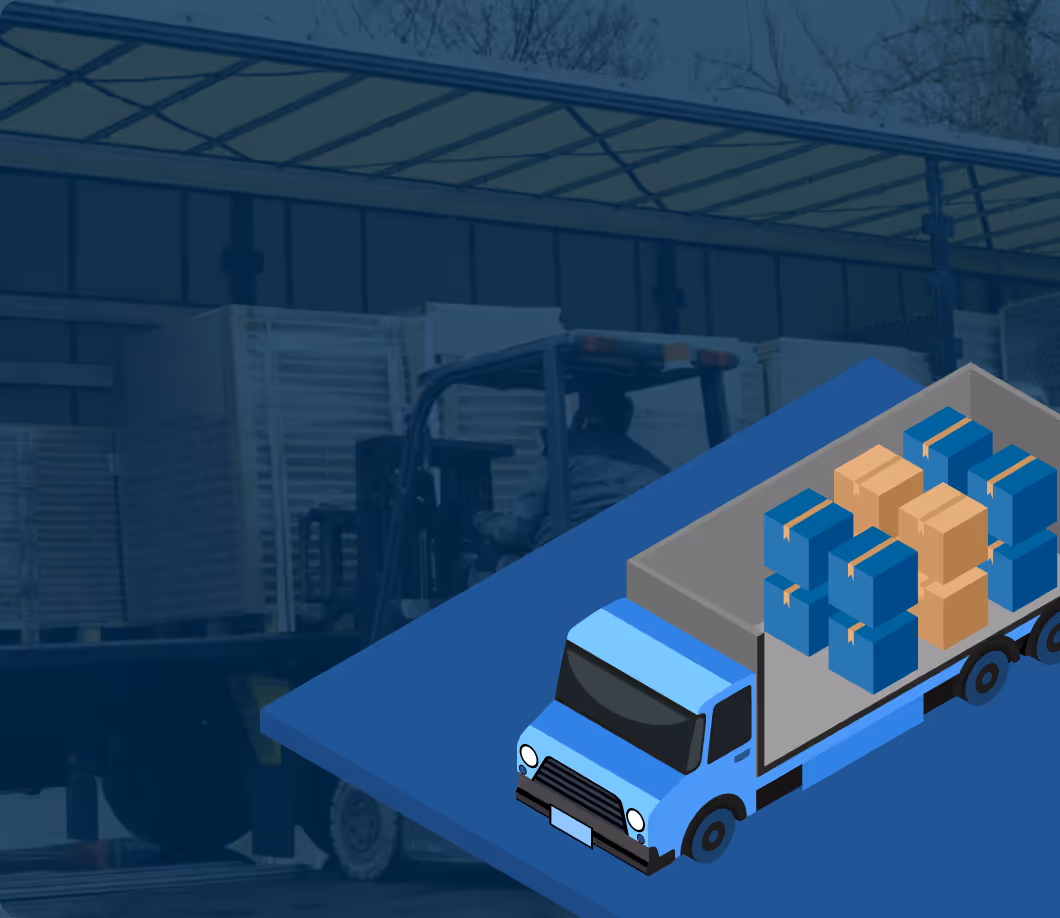 Forklift loading a flatbed truck with large packages in the background, overlaid with a digital illustration of a blue delivery truck filled with blue and brown cargo boxes